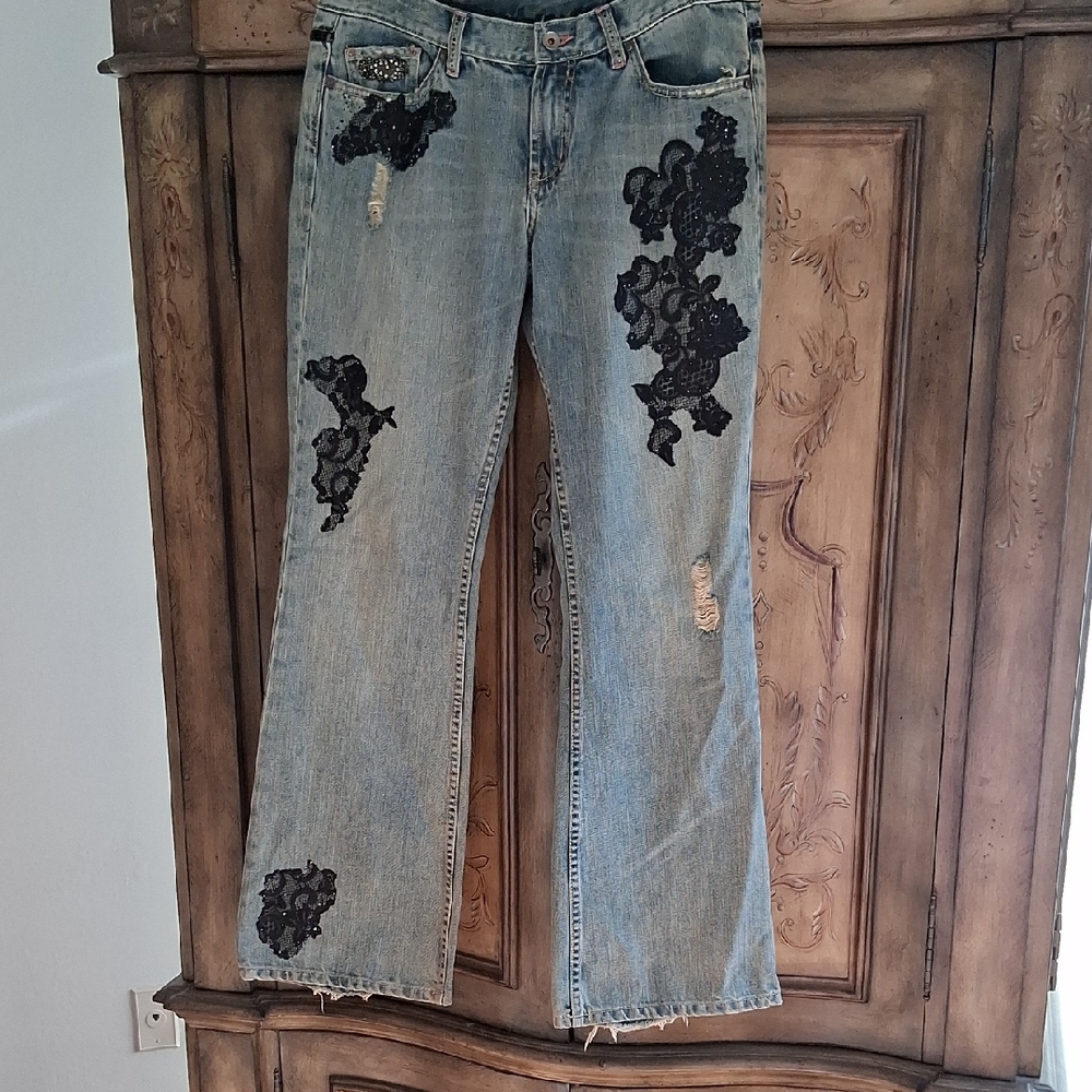 X2 Women's Denim Jeans with Black Lace Details